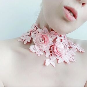 Lush pink choker - 3D lace costume holiday necklace